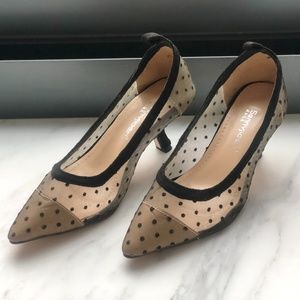 Black/Nude Polka Dotted Mesh Kitten Heels